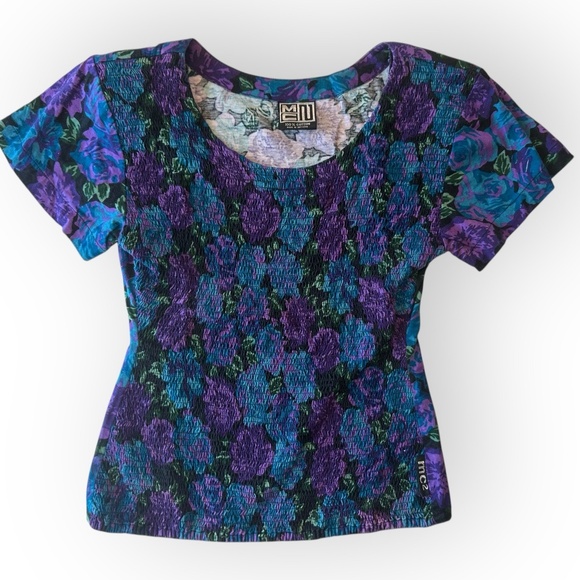 Vintage 90's Floral Shirred Smocked Scoop Neck Short Sleeve Shirt - Picture 1 of 9